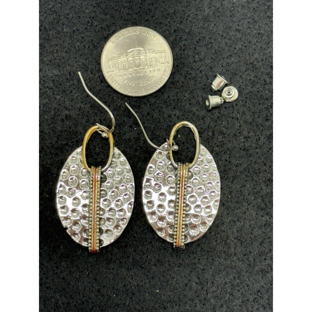 Two Tone Textured Oval Dangle Earrings Silver Gold Orange Fishhook Boho